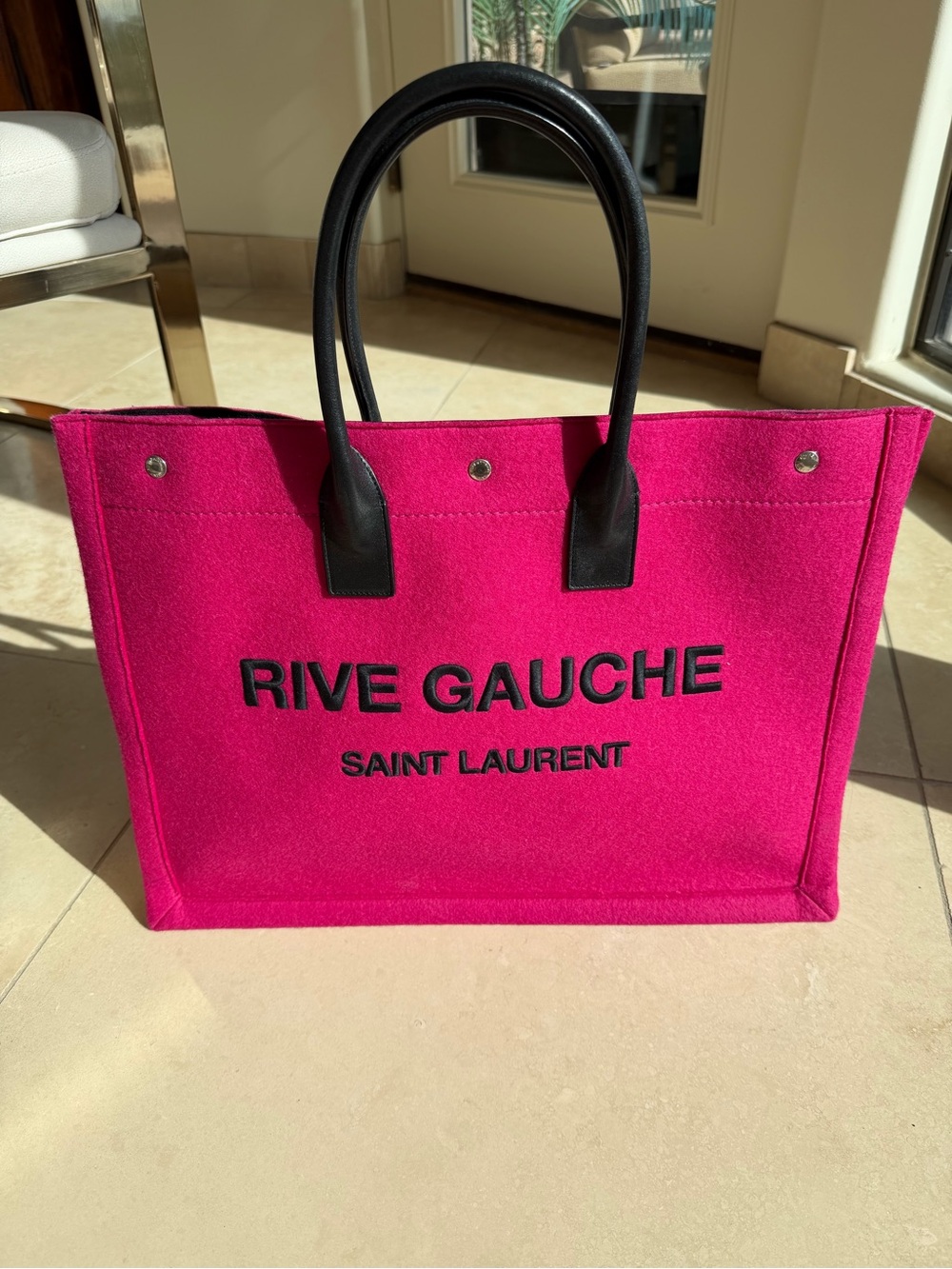 Saint Laurent Pink Felt Rive Gauche Tote with Black Handles